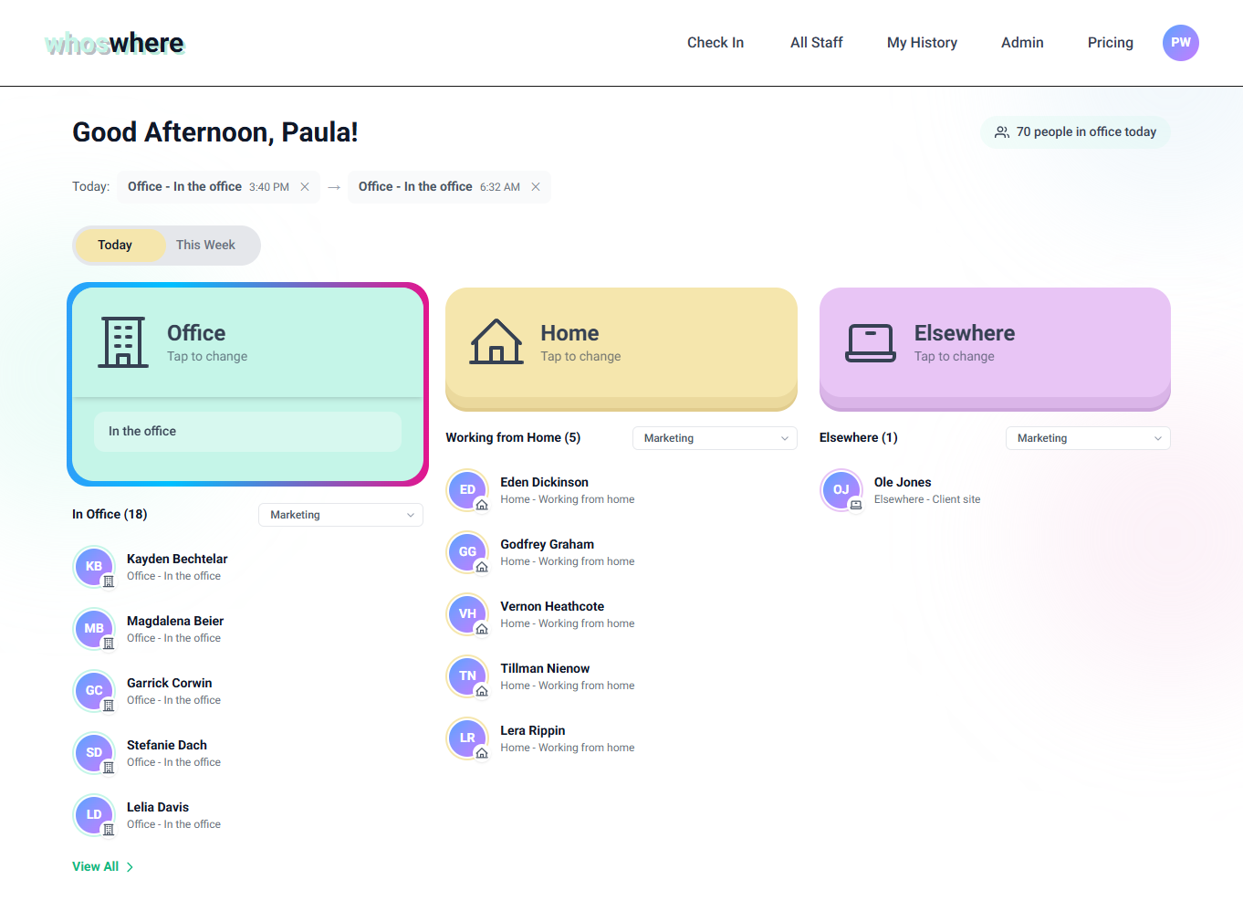 Daily check-in interface showing Office, Home, and Elsewhere options